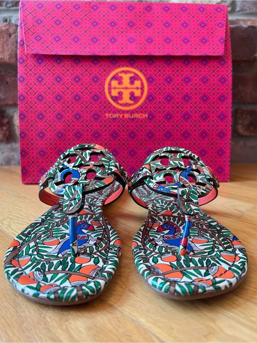 Tory Burch Orange Something Wild Printed Patent Leather Miller Sandals
